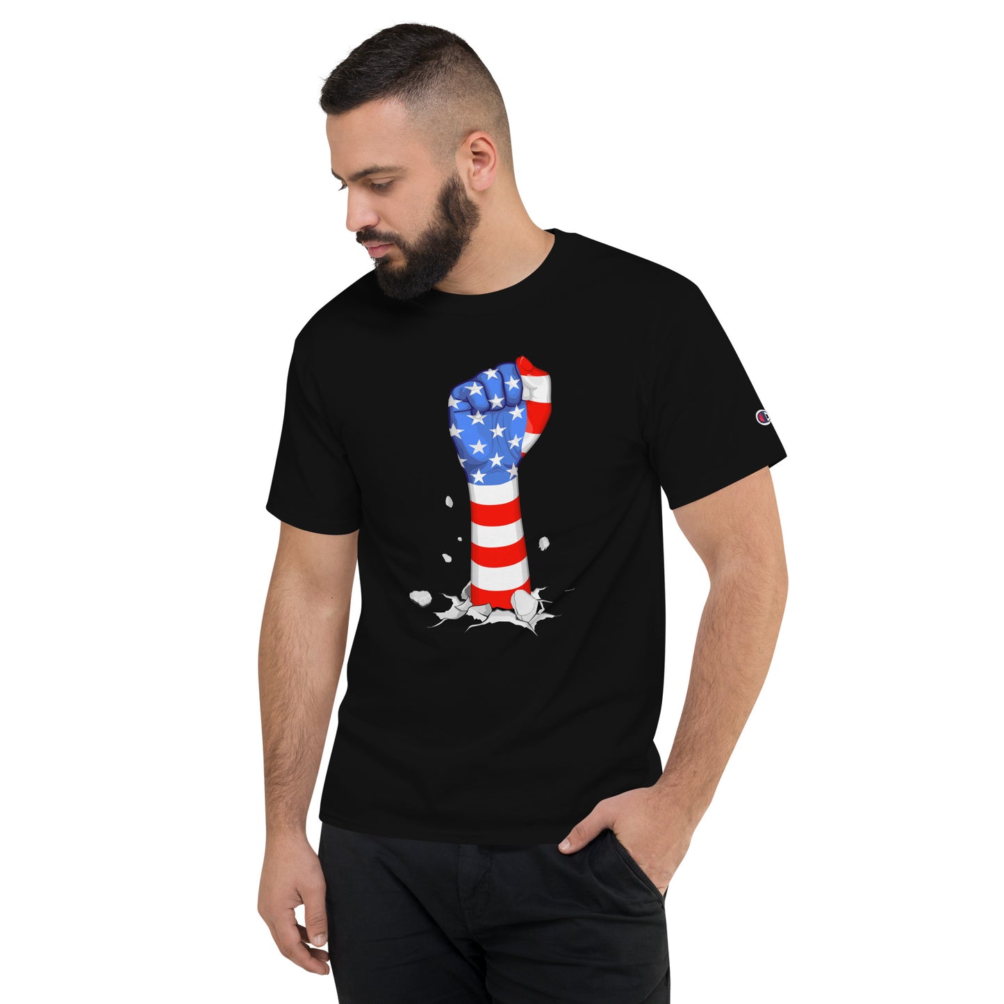 American Flag Ground Breaking Fist Men's Champion T-Shirt