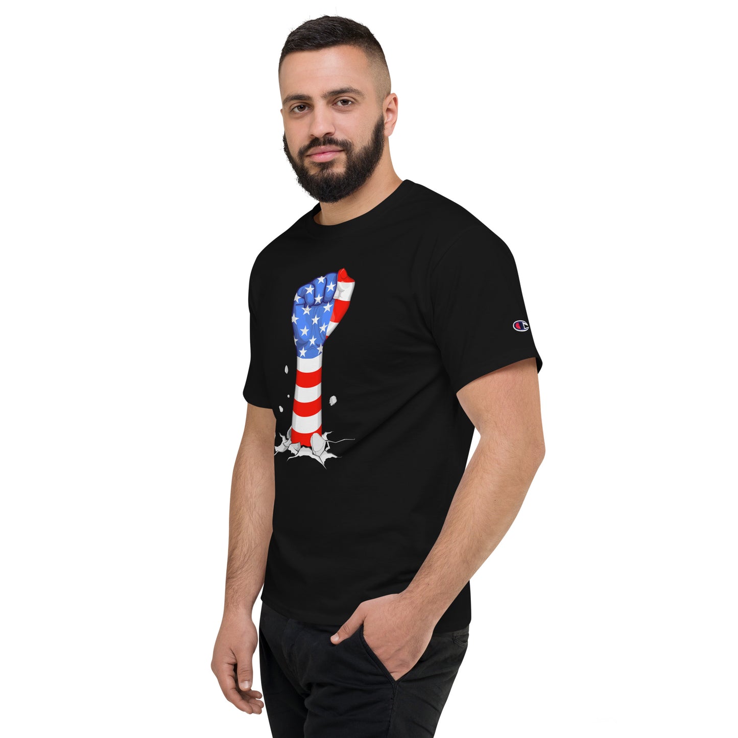 American Flag Ground Breaking Fist Men's Champion T-Shirt