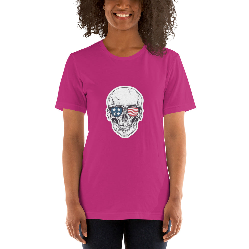 American Flag Sunglasses on Skull Head Unisex T-Shirt