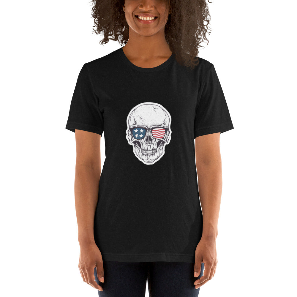 American Flag Sunglasses on Skull Head Unisex T-Shirt