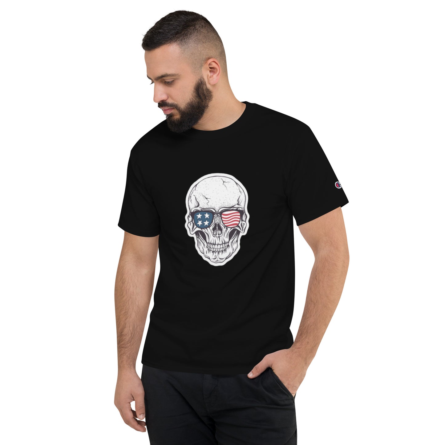 Skull Head American Flag Men's Champion T-Shirt