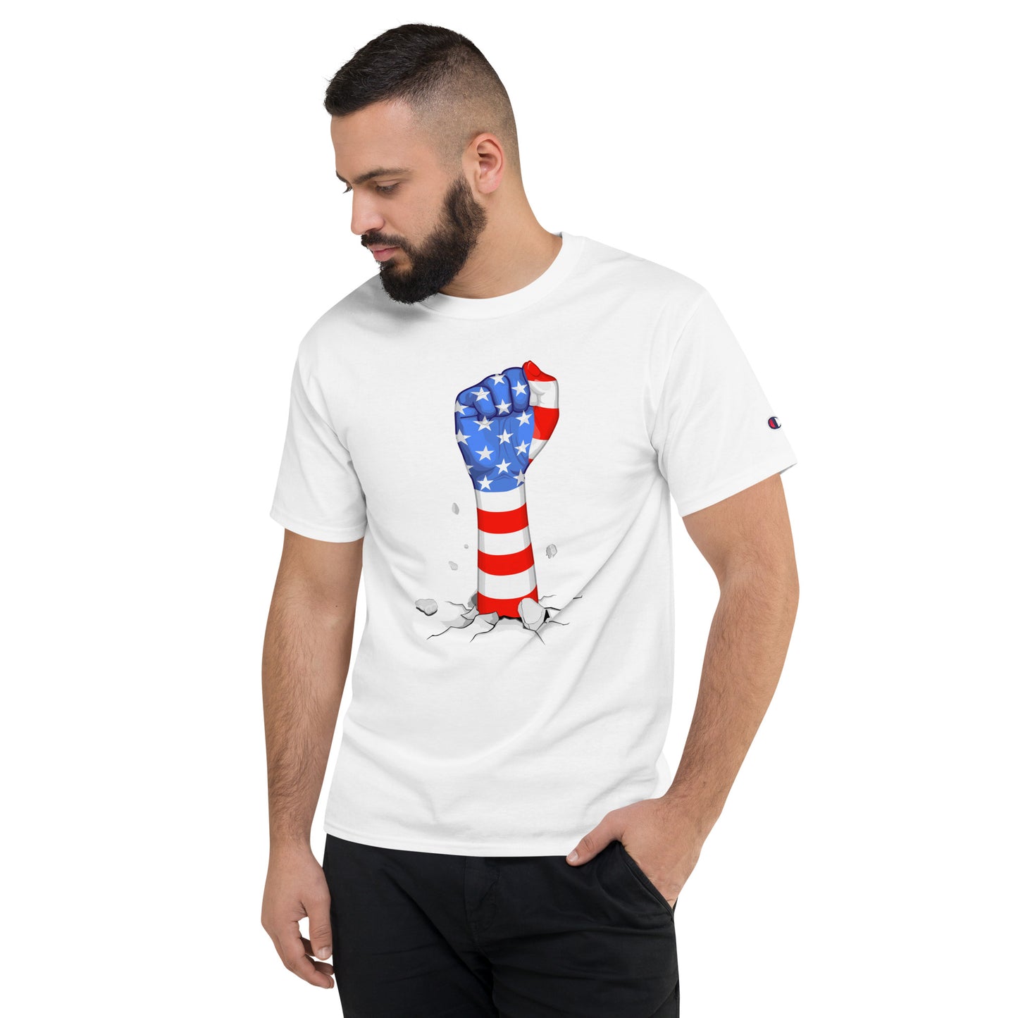 American Flag Ground Breaking Fist Men's Champion T-Shirt