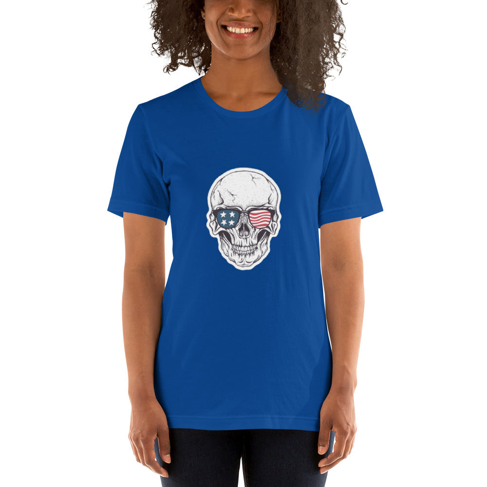 American Flag Sunglasses on Skull Head Unisex T-Shirt